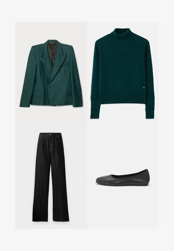 Zeleno blejzer iz teksturirane tkanine s strukturiranim oblikom. Ima izrezan ovratnik, dva sprednja žepa in črno podlogo.; Zelena pulover s turtle neck ovratnikom, narejen iz mehke pletenine. Ima rebraste manšete in rob, z diskretnim logotipom na spodnjem levem delu spredaj.; Črne široke hlače iz jeansa z visokim pasom, z tonomujno šivankami, sprednjim zapiranjem na gumb in dvema stranskima žepoma.; Črne usnjene balerinke z zaobljenim nosom, gladko teksturo, minimalnimi šivi in fleksibilno zasnovo podplata.