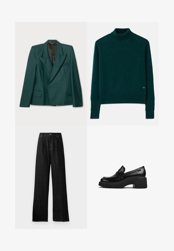 Zelený blazer vyrobený z texturované tkaniny se strukturovaným designem. Má klopový límec, dvě přední kapsy a černou podšívku.; Tyrkysový rolák vyrobený z měkké pleteniny. Má široké manžety a lem, s jemným logem na dolní levé části.; Černé denimové široké kalhoty s vysokým pasem, s tónováním švů, předním zapínáním na knoflík a dvěma bočními kapsami.; Černý kožený mokasín s robustním podpatkem a silnou podrážkou, s páskovým detailem přes horní část, zobrazený z boku na bílém pozadí.