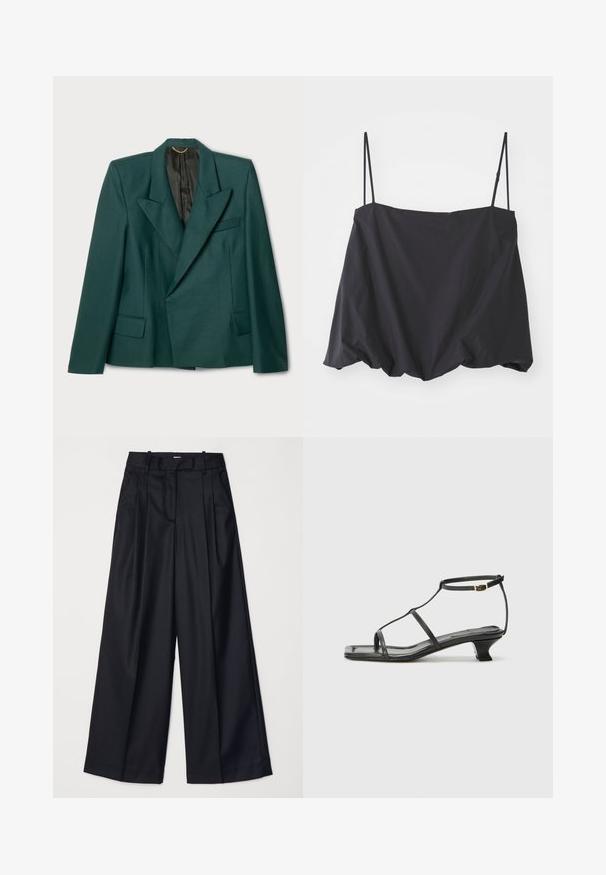 Žalias švarkas, pagamintas iš tekstūruoto audinio, su struktūrizuotu dizainu. Yra išpjova, dvi priekinės kišenės ir juoda pamušalas.; Juodas be rankovių viršus su plonomis petnešėlėmis, laisvas siluetas ir surinkta apatinė dalis. Pagamintas iš lengvos medžiagos su lygiu paviršiumi.; Juodos plačios kojų kelnės, pagamintos iš lygaus audinio, su aukštu liemeniu, klostėmis ir pritaikytu dizainu. Paprasta juoda detalių sistema liemens srityje.; Juodas odinis sandalai su kvadratiniu pirštu, plonomis dirželiais, reguliuojamu kulkšnies dirželiu ir žemu kulnu. Yra nedidelis aukso akcentas ant dirželio.