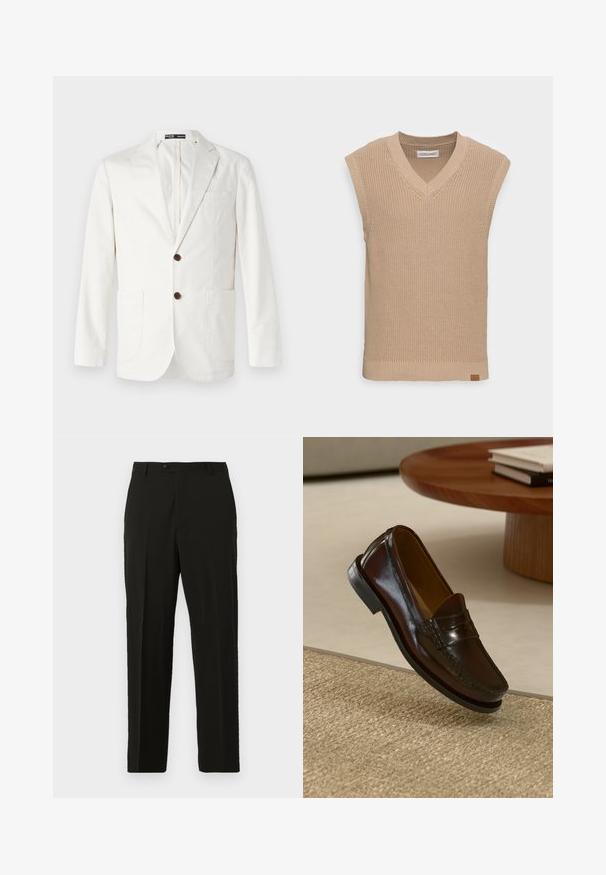 Ljusbeige blazer i bomull med slagkrage, två framfickor och två bruna knappar för stängning.; Beige stickad ärmlös tröjväst med V-ringning, ribbad textur och en liten läderlogotyptagg i nederkanten på vänster sida.; Svarta skräddarsydda byxor i en slät tygkvalitet, med rak passform, knappstängning och frontveck för extra struktur.; Bruna läderloafers med en glansig finish, som har en sömdekoration framtill och en lågprofilerad svart gummisula.