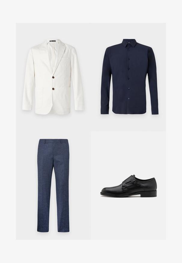 Light beige blazer made of cotton, featuring a notched lapel, two front pockets, and two brown buttons for closure.; Navy long-sleeve shirt made of smooth fabric, featuring a button-up front, structured collar, and dark buttons for contrast.; Navy blue trousers made from a textured fabric, featuring straight legs, a flat front, and two side pockets. No visible patterns or accents.; Black leather dress shoe with dual buckles, sleek silhouette, and round toe. Features a low heel and smooth texture.