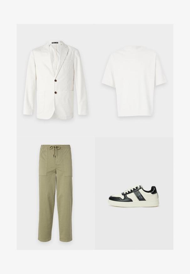 Svetlo béžový blejzer vyrobený z bavlny, s klopovým golierom, dvoma prednými vreckami a dvoma hnedými gombíkmi na zapínanie.; Biela tričko s krátkym rukávom vyrobené z jemnej tkaniny. Okrúhly výstrih, voľný strih a jednoduchý dizajn bez ozdôb alebo vzorov.; Svetlo olivové nohavice vyrobené z zmesi bavlny, s elastickým pásom na šnúrku a dvoma veľkými bočnými vreckami.; Kožené tenisky v čierno-krémovej farbe, s perforovanými akcentmi, polstrovaným golierom a štruktúrovanou podrážkou.