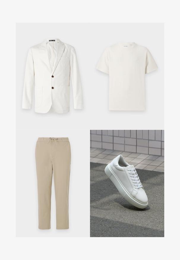 Lys beige blazer laget av bomull, med spiss krage, to frontlommer og to brune knapper for lukking.; Hvit T-skjorte med kort erm i ribbestrikket tekstur. Rund hals, avslappet passform, ingen synlige mønstre eller detaljer. Enkelt og allsidig design.; Beige loungebukser med elastisk linning og snor, med tilbakeholdt design av rett ben og myk, glatt tekstur.; Hvit lær sneaker med glatt overflate, rund tå og flate hvite snøringer. Har en teksturert gummisåle og minimale design elementer.