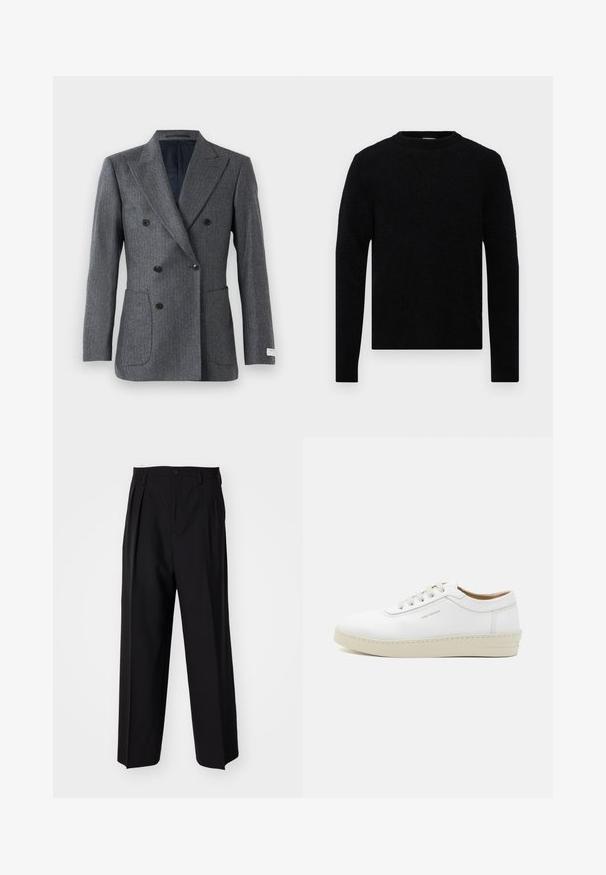 Szaro-srebrna dwurzędowa marynarka z wykładanym kołnierzem, sześcioma czarnymi guzikami, dwiema przednimi kieszeniami naszytymi oraz czarną podszewką.; Filippa K - Sweter; Czarne plisowane spodnie o prostym, szerokim kroju nogawek. Wykonane z gładkiego materiału, z zapięciem na guzik i pętelkami na pasek.; Białe skórzane sneakersy o teksturowanym wykończeniu, okrągłym nosie, beżowej gumowej podeszwie i sześciu szarych oczkach na sznurowadła, z subtelnym logo z boku.