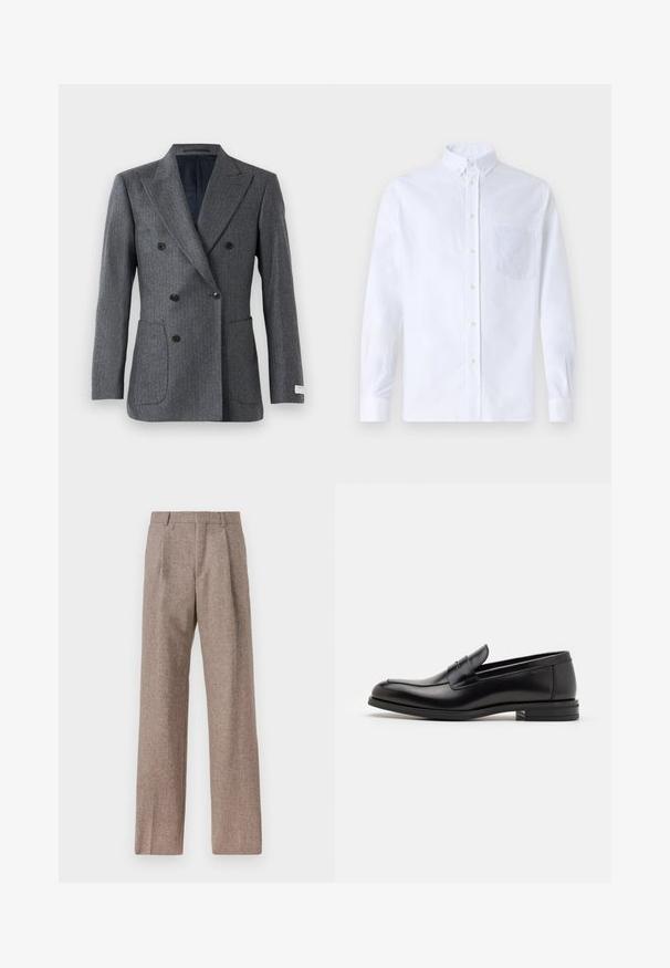 Szaro-srebrna dwurzędowa marynarka z wykładanym kołnierzem, sześcioma czarnymi guzikami, dwiema przednimi kieszeniami naszytymi oraz czarną podszewką.; Biała koszula z długim rękawem na guziki, wykonana z bawełny, z kieszonką na piersi z tonowym haftem, kołnierzykiem i zapięciem na guziki przy mankietach.; Brązowe, wysokiej talii spodnie wykonane z teksturowanej tkaniny. Posiadają szerokie nogawki i dwa przednie zakładki dla lepszej struktury. Starannie wykończone, bez widocznych elementów metalowych.; Czarne skórzane mokasyny o gładkiej fakturze, zaokrąglonym nosku i dekoracyjnym pasku na przodzie. Niski, warstwowy obcas, minimalistyczny design.