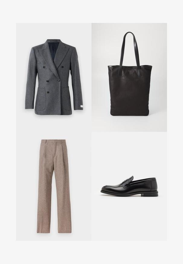 Double-breasted grey blazer with peak lapels, six black buttons, two front patch pockets, and a black inner lining.; White long-sleeve button-up shirt made of cotton, featuring a chest pocket with tonal embroidery, a collar, and button cuffs.; Brown, high-waisted trousers made of textured fabric. Features wide legs and two front pleats for structure. Neat finish with no visible hardware.; Black leather loafers with a smooth texture, rounded toe, and a decorative strap across the vamp. Low stacked heel, minimalist design.; Black canvas tote bag with black leather handles. Simple design, spacious body, and a smooth texture. No visible logos or patterns.