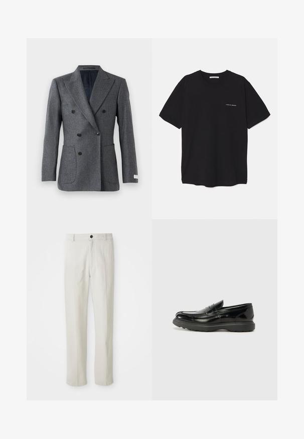 Blazer cinza de duplo peito com lapelas pontudas, seis botões pretos, dois bolsos frontais aplicados e um forro interior preto.; T-shirt preta de algodão com gola redonda, mangas curtas e impressão de logó tipo branca no lado esquerdo do peito. Design simples, de cor sólida.; Calças beige de perna reta com passantes para cinto, botão frontal e fecho de zip, exibidas de forma plana sobre um fundo branco.; Mocassim de couro preto com acabamento brilhante, bico arredondado, detalhes de costura subtil e sola de borracha espessa para durabilidade.