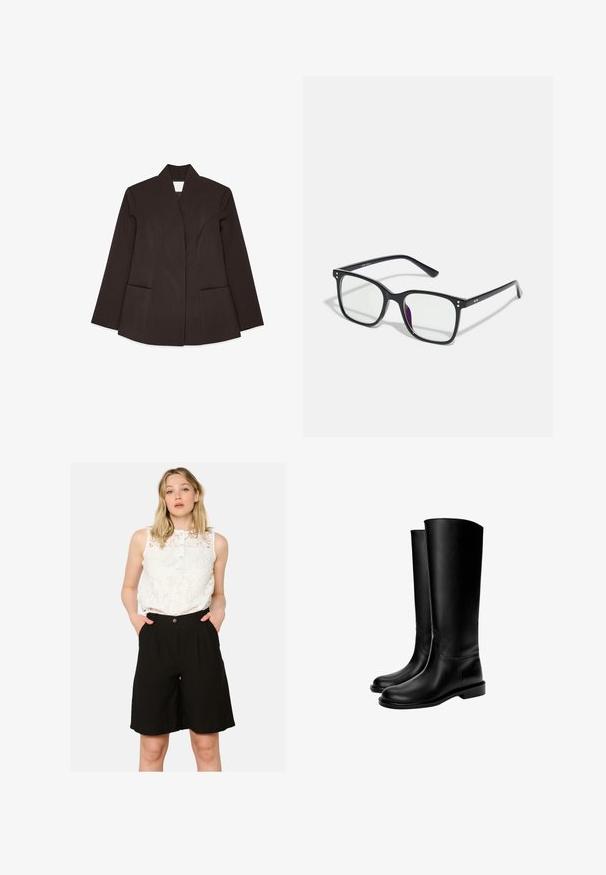 Hnedý strihový blejzer s vysokým golierom, dlhými rukávmi a dvoma prednými vreckami. Obsahuje zakrivené švy pre priliehavý dizajn. Hladká textura.; Biely top bez rukávov vyrobený z ľahkej textílie. Má zaoblený výstrih a široké ramenné otvory, s hladkou textúrou a minimálnym dizajnom.; Biele čipkované bezrukávové tričko s gombíkovým výstrihom, spárované s čiernymi šortkami s vysokým pásom, ktoré majú bočné vrecká a voľný strih.; Čierne kožené čižmy po kolená s hladkým povrchom, okrúhlou špičkou, plochou podrážkou a minimalistickým dizajnom, so šitými švami a bez viditeľných kovových súčastí.; Čierne obdĺžnikové okuliare s priehľadnými šošovkami, so zlatými akcentmi na ráme a jemným fialovým nádychom na jednej šošovke.; Čierna hladká kožená taška na rameno s prehnutým vrchom, jedným popruhom, zipsovým uzáverom a malým strieborným logom na prednej strane.