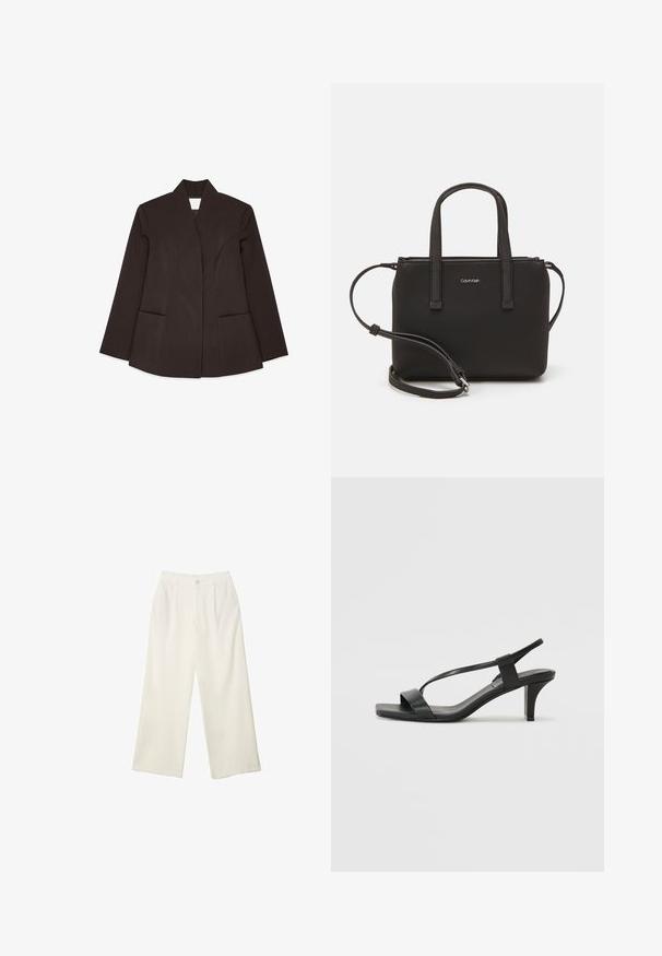 Brun skræddersyet blazer med høj krave, lange ærmer og to forlommer. Har buede sømme for en tætsiddende pasform. Glat tekstur.; Hvid ærmeløs top med rund halsudskæring, lavet af et glat stof. Har en afslappet pasform og lige kant. Ingen synlige mønstre eller detaljer.; Bredde bukser i cremefarvet stof med en glat tekstur, der har en enkelt knap foran, diskrete folder og design med høj talje.; Sorte hæle sandaler med et slankt stropdesign, firkantet tå og en mellemstor blokhæl. Fremstillet af glat læder med en mat finish.; Sort håndtaske med to korte håndtag og en aftagelig skulderrem. Glat læderagtigt materiale med lynlåslukning og logo detaljer.