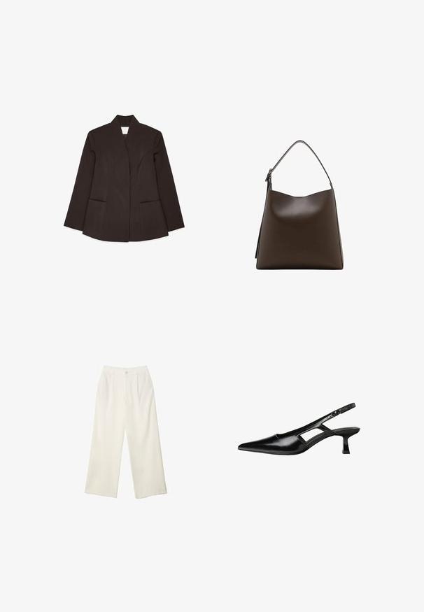 Ruskea räätälöity bleiseri, jossa on korkea kaulus, pitkät hihat ja kaksi etutaskua. Ominaisuuksiin kuuluvat kaarevat saumat, jotka antavat istuvan muodon. Silkkinen pinta.; Valkoinen hihaton paita, jossa on pyöreä kaula-aukko. Valmistettu sileästä kankaasta, siinä on rento istuvuus ja minimalistinen muotoilu. Ei kuvioita tai koristeita.; Kermanhousut vaaleassa kankaassa, jossa on sileä rakenne, yksittäinen etunappi, hienovaraiset laskokset ja korkea vyötärömuotoilu.; Mustat lakatut nahkakengät, joissa on viistopää, leikattu sivusuunnassa ja pieni neliökoroke. Sujuva pinta, jossa on minimaalinen koristelu.; Ruskea nahkainen käsilaukku, jossa on kaareva yläosa, yksittäinen olkahihna ja sileä pinta. Ominaisuuksina minimalistinen muotoilu ja avoin sulku.
