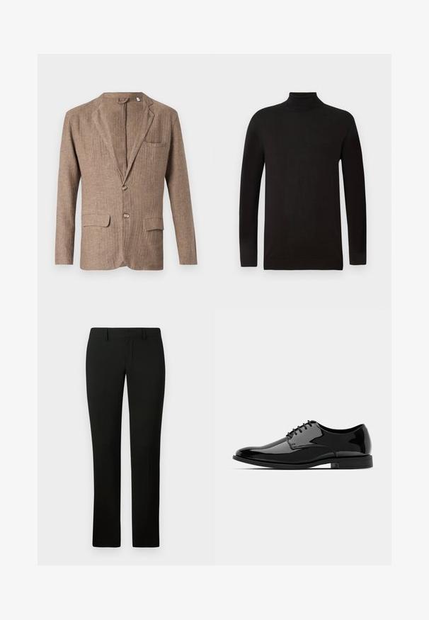 Bruine linnen blazer met een aangeknipte revers, twee voorzakken, één borstzak en een sluiting met één knoop, met een gestructureerde afwerking.; Zwarte coltrui van een zachte brei stof. Heeft lange mouwen en een aansluitend ontwerp met een geribde kraag en zoom. Minimale branding.; Zwarte broek met een getailleerde pasvorm, met een gladde textuur en een rechte pijpdesign. De tailleband heeft riemlussen en een nette afwerking.; Zwarte gepatineerde leren jurkchoenen met een ronde neus, vetersluiting en een glad, glanzend oppervlak. Voorzien van een laagprofiel rubberen zool.