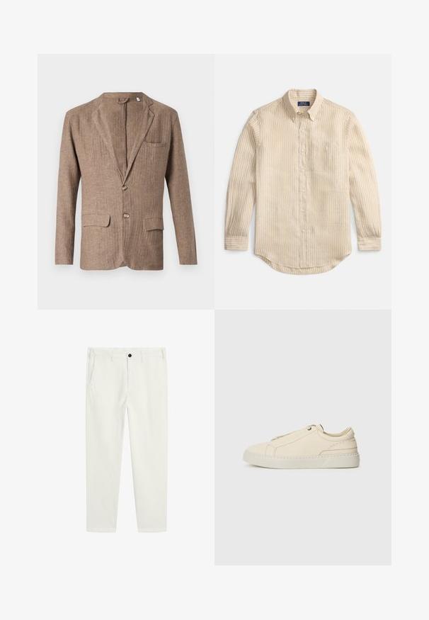 Bruine linnen blazer met een aangeknipte revers, twee voorzakken, één borstzak en een sluiting met één knoop, met een gestructureerde afwerking.; Beige overhemd met lange mouwen en witte verticale strepen, knoopsluiting, knoopkraag, borstzak en "Polo Ralph Lauren" label aan de binnenkant van de kraag.; Witte katoenen broek met een rechte pijp, voorzien van een enkele zwarte knoopsluiting, zijzakken en nette stikdetails.; Beige leren sneaker met een ronde neus, minimalistisch ontwerp, subtiele stikdetails en een gestructureerde bovenkant, op een lichte zool.