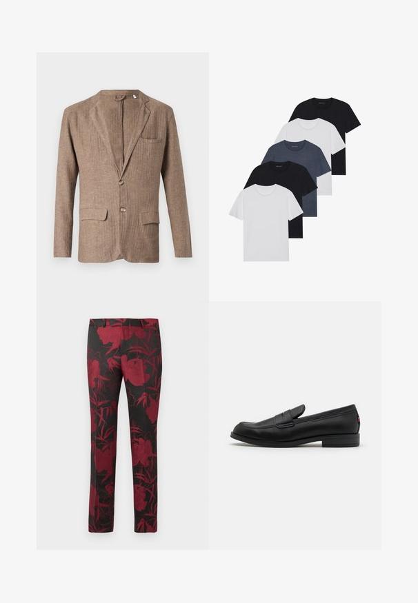 Brązowa lniana marynarka z klapami w kształcie notcha, dwoma przednimi kieszeniami, jedną kieszenią na piersi oraz zapięciem na jeden guzik, z teksturowanym wykończeniem.; Zestaw pięciu koszulek w kolorach czarnym, białym i granatowym. Wykonane z bawełny, z krótkimi rękawami, klasycznym dekoltem i gładką fakturą, bez wzorów.; Czarne spodnie z kwiatowym wzorem w ciemnoczerwonym kolorze, o gładkiej fakturze i dopasowanym kroju. Standardowy pas i prosta nogawka.; Czarne skórzane loafersy o gładkim wykończeniu, zaokrąglonym czubku i małym dekoracyjnym klapku. Posiadają niską, warstwową podeszwę oraz subtelny detal z brandingiem.