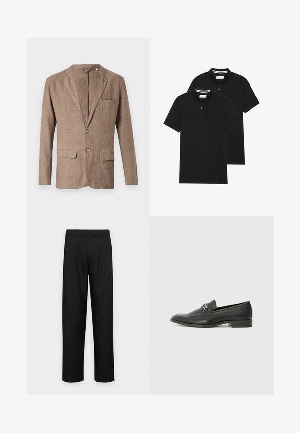 Brun linnblazer med slagkrage, två framfickor, en bröstficka och enfärgad knäppning, med en strukturerad yta.; Två svarta polo t-shirts, kortärmade, i bomullsmaterial, med en klassisk krage, tvåknappsslutning och vita randiga accenter inuti kragen.; Svarta byxor i slät väv, med rak ben-design, två framfickor och standardmidja med bälteshällor.; Svart läderloafers med en slät yta, med en sydd design och en dekorativ metallkedjeaccent över västen. Platt häldesign.