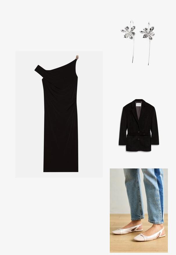 Črn kordurojski blejzer s prilegao krojem, dvema gumboma, pasom in sprednjimi žepi. Podloženo notranjost v kontrastni barvi.; Črna obleka z enim ramenom, izdelana iz drapirane tkanine, z zlatim poudarkom na rami, gladko teksturo in obliko do kolen.; Svijetloružičaste slingback balerinke s šiljastim nožnim prstima, napravljene od glatkog materijala nalik koži. Imaju izrezane detalje sa strane i ravne pete.; Črna semiš torbica z gladko teksturo, strukturirano obliko in kontrastnim šivanjem. Ima dolge naramnice za nošenje na rami.; Srebrne uhani v obliki rože z teksturirano površino, ki imajo dolge kavljice in podrobnosti, podobne cvetnim listom, kar ustvarja zapleten dizajn.