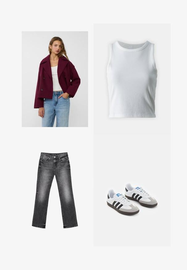Bordeaux, dobbeltradet jakke med klippelapper, løst fit og store knapper. Båret over en hvid top og parret med blå jeans.; Hvid ribbet tanktop med rund halsudskæring og ærmeløs design, med en lige kant og en glat, strækbar tekstur.; Sorte denim jeans med lige ben, falmet tekstur og fem lommer. Har bæltestropper og lynlås.; Sportsko med en overdel i hvid læder, grå ruskind på tåen og tre sorte striber. Har et blåt logo på tungen og en struktureret gummisål.
