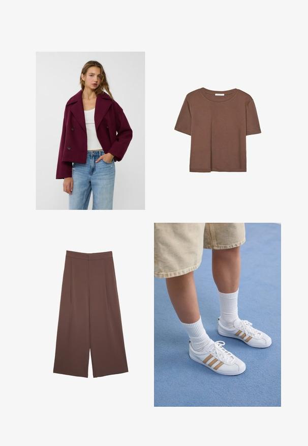 Giacca borgogna doppiopetto con colletto a punta, taglio morbido e bottoni grandi. Indossata sopra una maglietta bianca e abbinata a jeans blu.; Maglietta a maniche corte marrone realizzata in tessuto morbido, con scollatura rotonda e vestibilità rilassata. Nessun motivo o dettaglio visibile.; Pantaloni ampi marroni con una texture liscia, caratterizzati da una vita alta e pieghe frontali. Il tessuto è leggero e scorre liberamente.; Sneaker bianche con tre strisce dorate, design con lacci, suola in gomma, indossate con calze bianche a coste e pantaloni beige su una superficie blu.