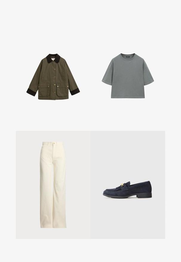 Olivgrüne Jacke mit einem braunen Cordkragen, großen Fronttaschen und goldenen Druckknöpfen. Hat eine lässige Passform und lange Ärmel.; Graues Baumwoll-T-Shirt mit einem entspannten, kastigen Schnitt, kurzen Ärmeln und rundem Halsausschnitt. Mit sichtbaren Nähten an den Kanten.; Polo Ralph Lauren COTTON CORDUROY WIDE-LEG PANT - Stoffhose - warm white; Marineblaue Wildleder-Lederlofer mit einem niedrigen schwarzen Absatz, ausgestattet mit einem dekorativen goldfarbenen Hardware-Detail auf der Vorderseite und einem abgerundeten Zehendesign.