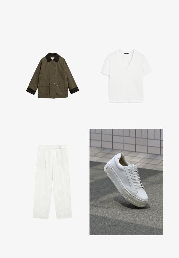 Olijfgroene jas met een bruine Corduroy kraag, grote voorzakken en gouden drukknoopjes. Kenmerkt zich door een ontspannen pasvorm en lange mouwen.; Witte T-shirt met korte mouwen en V-hals, gemaakt van katoen, met een minimalistisch ontwerp en een gladde textuur, met een rechte zoom en zonder versieringen.; Witte wijde broek met verticale streepjes, met een platte voorkant, twee zijzakken en een ontspannen pasvorm. Zachte stof, minimale details.; Witte leren sneaker met een low-top ontwerp, platte veters, ronde neus en textuur zijden. Dikke rubberen zool met subtiele accenten.