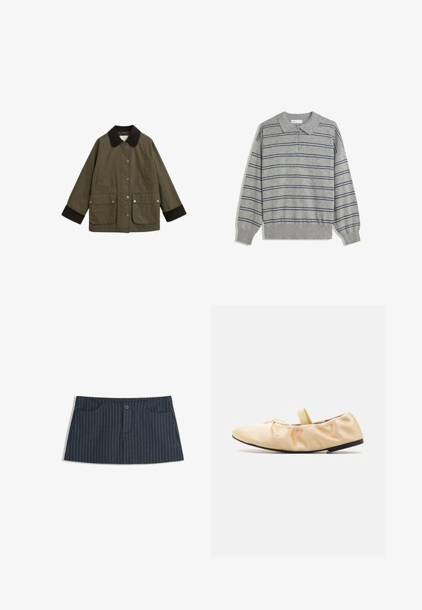 Olijfgroene jas met een bruine Corduroy kraag, grote voorzakken en gouden drukknoopjes. Kenmerkt zich door een ontspannen pasvorm en lange mouwen.; Grijze lange mouwen polo trui met een kraag, voorzien van marineblauwe horizontale strepen en een knoopsluiting bij de kraag. Zachte textuur.; Marineblauwe minirok met een streeppatroon, voorzien van voorzakken en een enkele knoopsluiting in de taille.; Proenza Schouler GLOVE BALLET FLATS - Ballerina's met enkelbandjes - light/pastel yellow