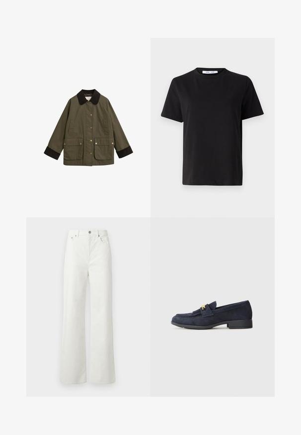 Olivově zelená bunda s hnědým kordovým límcem, velkými předními kapsami a zlatými patentkami. Má uvolněný střih a dlouhé rukávy.; Černé tričko s krátkým rukávem vyrobené z měkké bavlny, s kulatým výstřihem, volným střihem a hladkým povrchem. Žádné viditelné vzory ani grafika.; Samsøe Samsøe SHELLY - Džíny Relaxed Fit - clear cream; Námořnické semišové mokasíny s nízkým černým podpatkem, zdobené zlatým kovovým detailem na přední části a s designem zaoblené špičky.