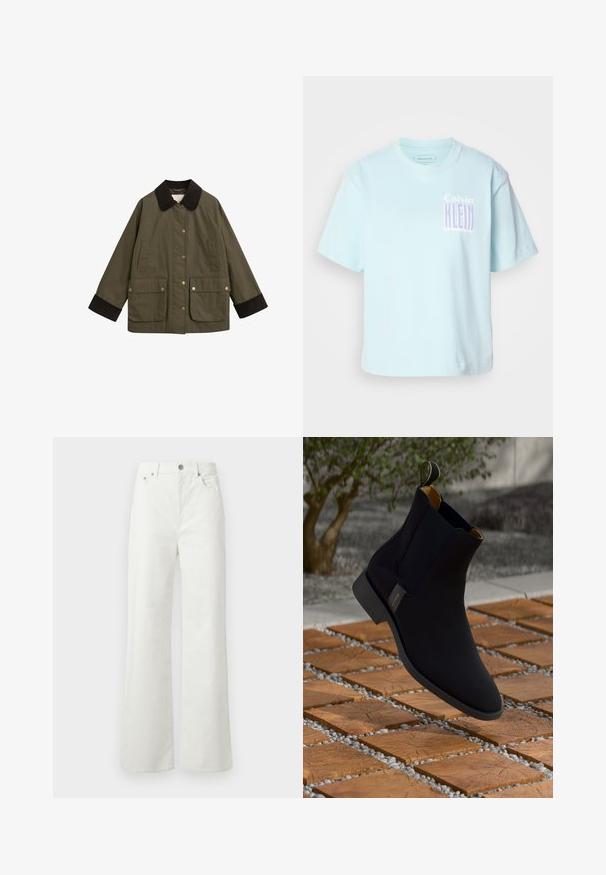 Olive green jacket with a brown corduroy collar, large front pockets, and gold snap buttons. Features a relaxed fit and long sleeves.; Light blue cotton T-shirt with a crew neck and short sleeves. Features a graphic design with "Calvin Klein" in purple on the front.; Samsøe Samsøe SHELLY - Relaxed fit jeans - clear cream; Black leather ankle boot with a smooth finish, yellow inner lining, and a pull tab; set against a textured wood and gravel surface.