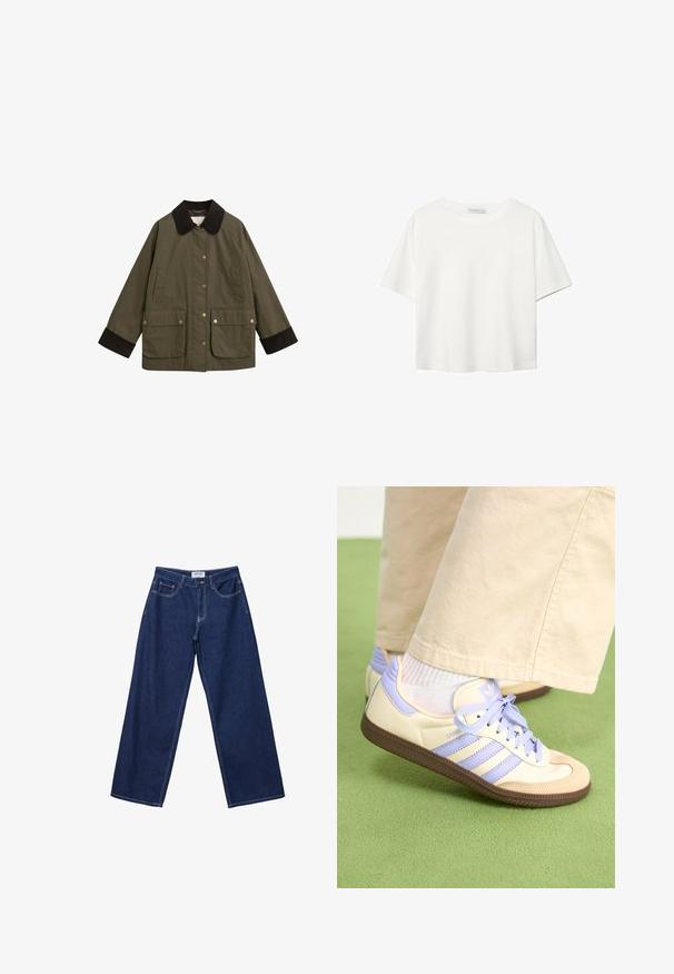 Maslinasto zelena jakna s smešanim kordura kragnom, velikim prednjim džepovima i zlatnim dugmadi na kopčanje. Ima opušten kroj i duge rukave.; Bijela majica kratkih rukava od pamuka. Ima okrugli izrez i opušteni kroj. Glatka tekstura bez vidljivih uzoraka ili naglasaka.; Široke tamnoplave traperice s dugmadi, pet džepova i kontrastnim bijelim šavovima. Tkanina ima glatku, lagano teksturiranu površinu.; Kremasto-ljubičaste tenisice s tri pruge i strukturiranim smeškim potplatom, s vezicama i podstavljenim petom. Mekana gornja tkanina.