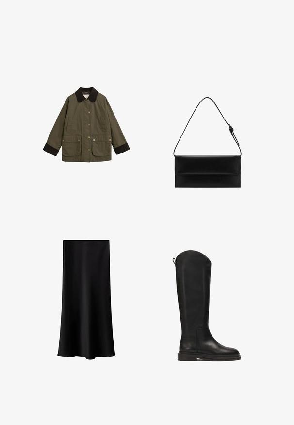 Olivgrüne Jacke mit einem braunen Cordkragen, großen Fronttaschen und goldenen Druckknöpfen. Hat eine lässige Passform und lange Ärmel.; Weißes T-Shirt mit kurzen Ärmeln aus glattem Baumwollstoff, ausgestattet mit einem runden Halsausschnitt und einem lässigen Schnitt mit genähten Säumen.; Schwarze Midischürze aus glattem, leichtem Stoff. Sie hat einen geraden Schnitt, keine sichtbaren Beschläge und ein schlichtes Design ohne Muster.; Schwarze Lederstiefel bis zum Knie mit glatter Oberfläche, abgerundetem oberen Rand, robustem Sohlen und minimalistischem Design. Mit einer Schlaufe an der Rückseite für einfaches Anziehen.; Mango Handtasche - black