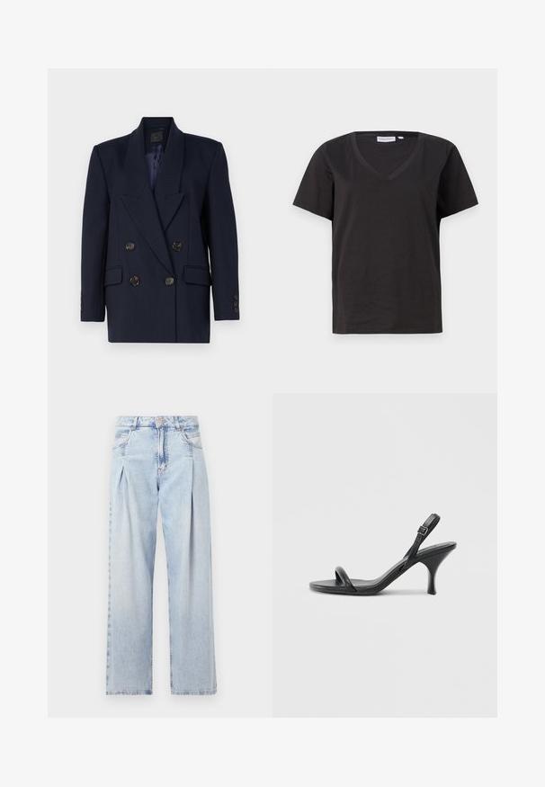 Tumesinine kahekordne bleiser terava kraega, triibuline mustriga, kahe esipocketiga ja kuue musta nööbiga. Tumedat värvi vooder.; Must musta T-särk V-kaelusega ja lühikeste varrukatega. Lihtne disain, regulaarne istuvus, ilma mustrite ja aktsentideta.; Heledad sinise denimist valmistatud teksapüksid kõrge vöökohaga, laia jala lõikega, kahe külje taskuga ja pleedi disainiga. Pehme tekstuur ja pleekinud viimistlus.; Mustad nahast kõrgete kontsadega sandaalid, millel on saledad, kõverad kontsad ja ristatud rihma disain. Reguleeritav pahkluu rihm. Sile tekstuur.