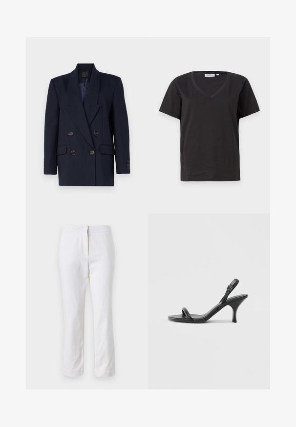 Sötétkék, kétsoros zakó csúcsos hajtókákkal, tűcsíkos mintával, két elülső zsebbel és hat fekete gombbal. Sötét színű bélés.; Fekete pamut póló V-nyakkal és rövid ujjakkal. Egyszerű dizájn, normál fazon, minta vagy díszítés nélkül.; Fehér pamut nadrág egyenes lábformával, közepes derékkal, látható fémrészek vagy minták nélkül. Sima textúra az egész anyagon.; Fekete bőrből készült, magassarkú szandál, vékony, ívelt sarokkal és keresztben átkötött pántokkal. Állítható bokapánt. Sima felület.