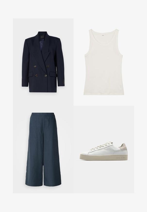 Jūras inovāciju divkrūšu bleizera ar smailiem apakšsaliem, svītrojuma rakstu, divām priekšējām kabatām un sešām melnām pogām. Iekšpuse ar tumšu oderi.; Balta kokvilnas topiņa ar platu kakla izgriezumu un plānām plecu lencēm. Gluda tekstūra bez redzamām apdrukām vai rotājumiem.; Platās bikses tumši zilā krāsā, izgatavotas no viegla auduma. Iespējo nedaudz teksturēta virsma, elastīga jostasvieta un priekšējās šuves.; Baltas ādas sporta apavi ar gludu virsmu, bēšas zamša akcenti, apaļa pirksta forma, plakans šņorēšanas dizains un tekstūrota gumijas zole.