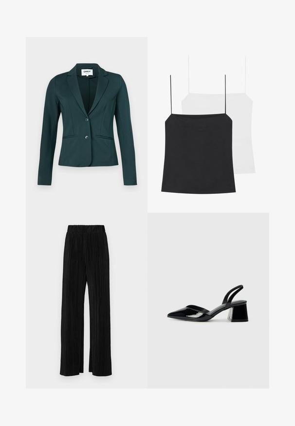 ONLY ONLPOPTRASH LIFE TLR NOOS - Blazer - green gables; Two camisole tops are shown: one black and one white. Both have thin straps and a fitted design made from a smooth, stretchy fabric.; Black pleated trousers with an elastic waistband. Features wide legs and a smooth, textured fabric with vertical stripes.; Black patent leather slingback heels with a pointed toe and a geometric block heel. Features a sleek, minimal design and smooth texture.
