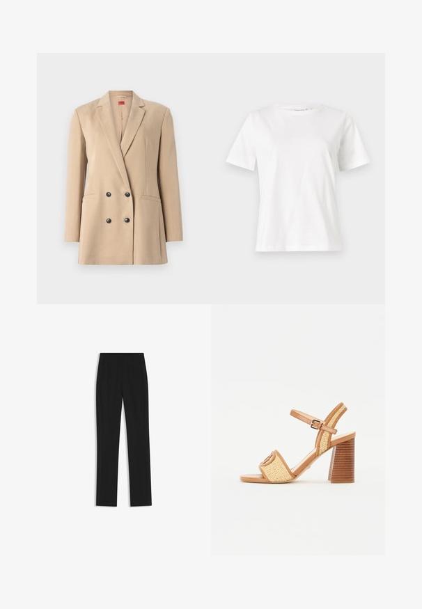 Blazer beige doppiopetto con rever a clip, due tasche frontali e bottoni neri. Tessuto liscio con una forma strutturata e una vestibilità sartoriale.; T-shirt bianca in cotone con maniche corte, scollatura rotonda e vestibilità rilassata. Struttura liscia, senza motivi né accenti, design minimalista.; Pantaloni neri su misura con un design a gamba dritta, dotati di tasche frontali e un tessuto liscio e strutturato. Dettagli ordinati e minimalisti.; Sandali con tacco in pelle marrone e paglia intrecciata, con cinturino alla caviglia, punta aperta e tacco spesso simile al legno con strisce orizzontali.