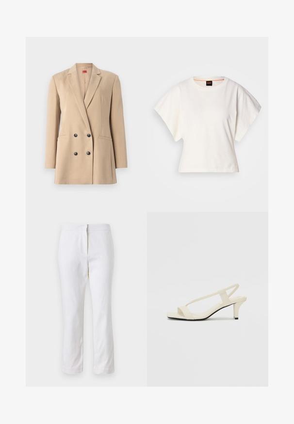 Beige dvouřadý blazer s klopami, dvěma předními kapsami a černými knoflíky. Hladká látka se strukturovaným tvarem a dobře střiženým střihem.; Bílý zkrácený T-shirt, krátké široké rukávy, měkký bavlněný materiál, kulatý výstřih s jemným oranžovým lemováním, minimalistický design, bez vzorů nebo grafik.; Bílé bavlněné kalhoty s rovnou nohavicou, s středně vysokým pasem a bez viditelných kovových prvků nebo vzorů. Hladká textura po celém povrchu.; Krémové sandály na bloku s tenkými popruhy a čtveratou špičkou. Hladký materiál s minimálními detaily, navržené pro snadné nošení.