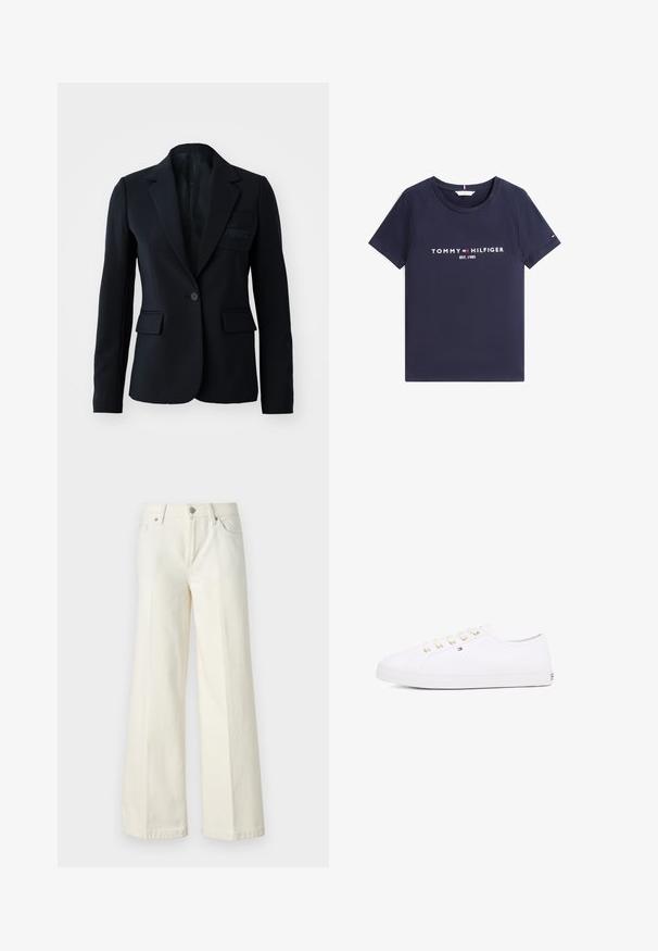 Blazer preto com fecho de botão único, dois bolsos frontais, lapelas identadas e detalhe discreto do logótipo no bolso do peito. Tecido suave, design estruturado.; T-shirt de manga curta azul-marinho com decote redondo e texto branco "Tommy Hilfiger EST. 1985" e logótipo na frente.; Calças jeans brancas de perna larga, feitas de tecido de algodão misto. Apresentam fecho de correr, design de cinco bolsos e costura ao longo das costuras.; Sapatilhas de lona brancas com ilhós dourados, atacadores planos, sola de borracha texturizada e marcas mínimas de branding de lado. Design de baixo perfil.