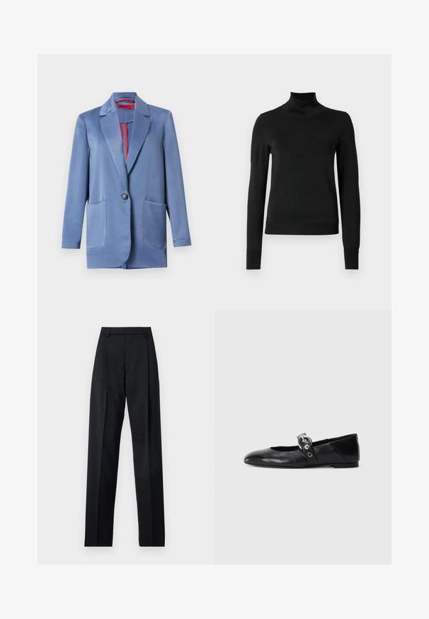 Modrý saténový blejzer s dvojitým zapínaním, klopami a dvomi prednými vreckami. Interiér má kontrastnú červenú podšívku.; Čierny dlhý rukáv rolák s rebrovanými manžetami a lemom, zobrazený na čistej bielej pozadí.; Čierne nohavice vyrobené z hladkej látky s vysokým pásom, širokými nohavicami, prednými záhybmi a klasickými pútkami na opasok. Žiadne bočné vrecká nie sú viditeľné.; Čierne kožené baletky s špicatou špičkou, so pásikom s okrúhlou kovovou sponou a plochou podrážkou.