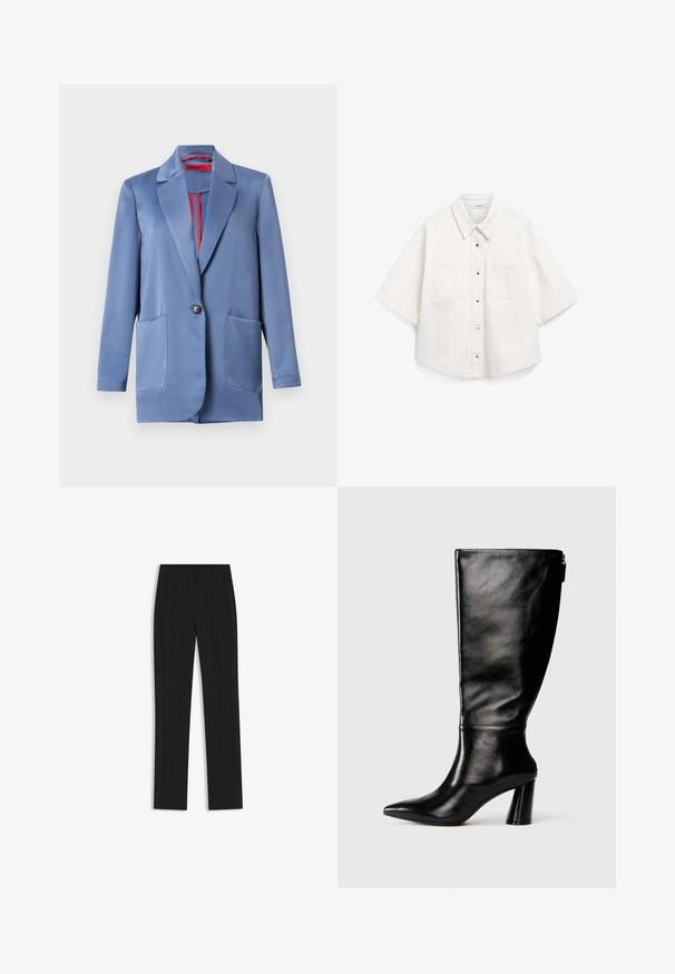 Blue satin blazer featuring a two-button closure, notched lapels, and two front pockets. The interior has a contrasting red lining.; White short-sleeve shirt, made of cotton, features a button-down front, two chest pockets, and a structured collar.; Black tailored trousers with a straight-leg design, featuring front pockets and a smooth, textured fabric. Neat, minimal detailing.; Knee-high black leather boot with a pointed toe, smooth texture, and a chunky heel. Features a zipper detail at the back.