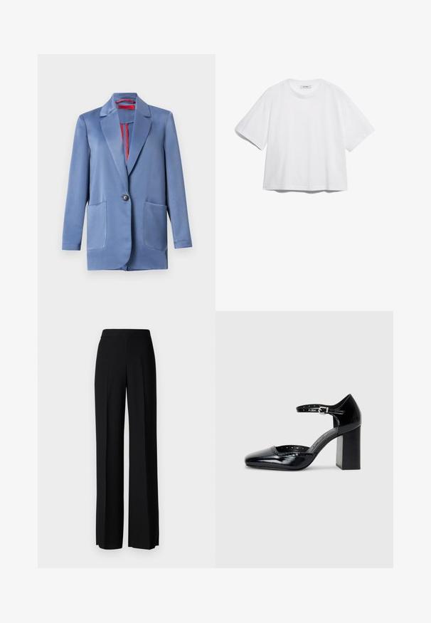 Plava satenska sako jakna s dvostrukim dugmetom, reverima i dva prednja džepa. Unutrašnjost je obložena kontrastnom crvenom podstavom.; Bijela pamučna majica s kratkim rukavima, okruglim izrezom, opuštenog kroja, bez vidljivih uzoraka ili grafika. Glatka tekstura i jednostavan dizajn.; Crne široke hlače s glatkom teksturom, s visokim strukom i središnjim pregibima. Nema vidljivih uzoraka ili hardverskih detalja.; Crne lakirane cipele s visokom potpeticom, kvadratnim vrhom, kaišem oko gležnja i debelim potpeticama. Sadrže perforirane detalje uz rub.