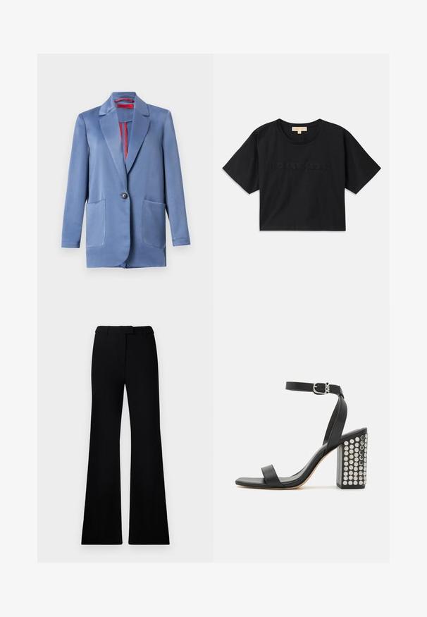 Sacou bleu din satin, cu închidere cu două butoane, rever clasic și două buzunare frontale. Interiorul are o căptușeală roșie contrastantă.; Tricou scurt negru din bumbac. Are guler rotund și mâneci scurte. "MICHAEL KORS" brodat în aceeași culoare pe față.; Pantaloni negri evazați, cu o textură netedă, talie ajustată și buzunare frontale, proiectați cu o siluetă modernă, elegantă.; Sandale cu toc din piele neagră, cu o curea la gleznă. Au vârf pătrat, textură netedă și toc pătrat bloc decorat cu capse argintii.