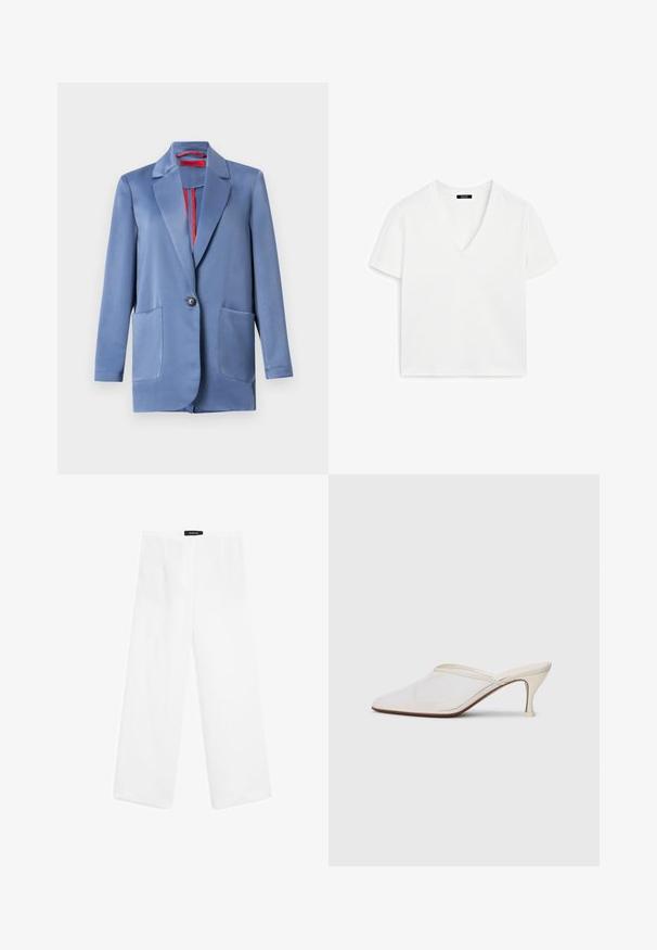 Blue satin blazer featuring a two-button closure, notched lapels, and two front pockets. The interior has a contrasting red lining.; White short-sleeve V-neck t-shirt made of cotton, featuring a minimalist design and smooth texture, with a straight hem and no embellishments.; White linen wide-leg pants with a smooth texture, featuring a mid-rise waist, two front pockets, and a simple design.; White mesh pointed-toe mule with a slim mid-height heel and slip-on design against a plain background.