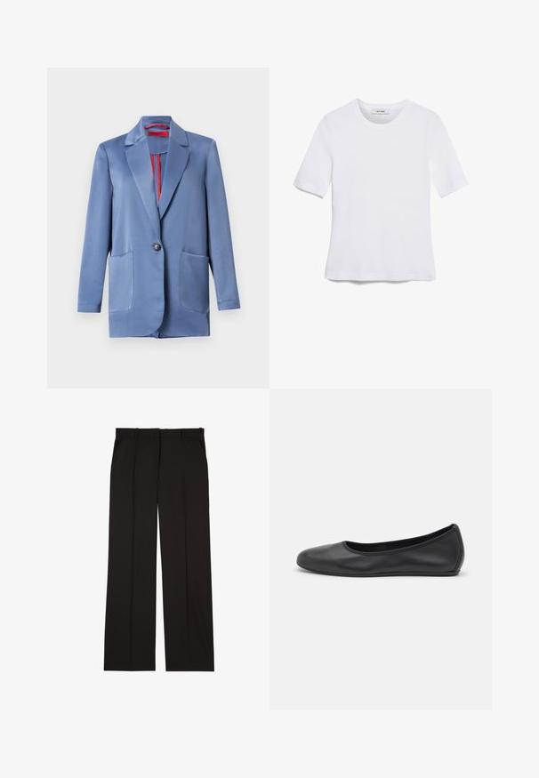 Blå satin blazer med to-knaps lukning, klapper og to forlommer. Indersiden har en kontrastfarvet rød foer.; Hvid kortærmet t-shirt lavet af ribbet stof. Rund halsudskæring, almindelig pasform og subtile syninger. Ingen mønstre eller grafik.; Sorte skræddersyede bukser lavet af et glat stof, med et lige ben-design og to sidelommer. Elegant og minimalistisk konstruktion.; Sort læderballetsko med rund tå, glat tekstur, minimal syning og et fleksibelt såldesign.