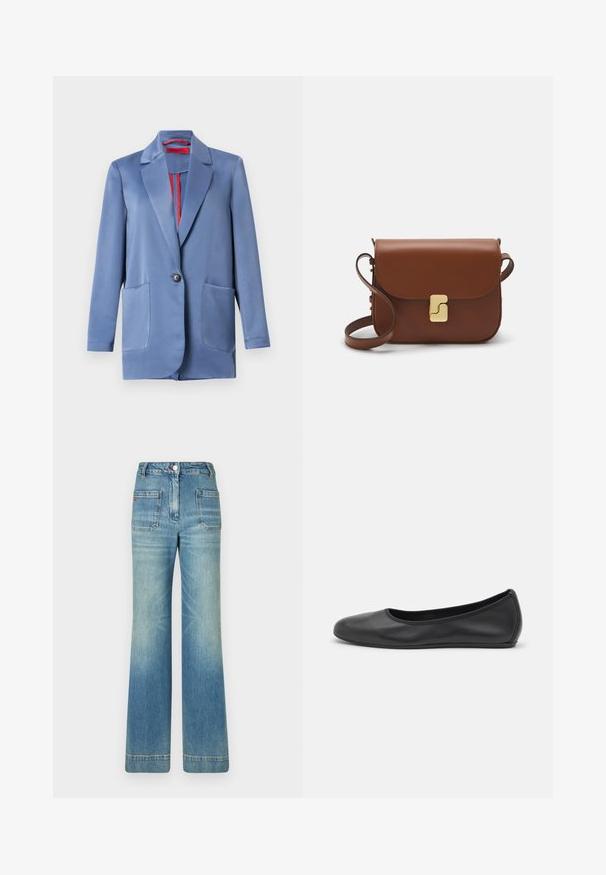Mėlynas satino bleizeris su dviem mygtukais, iškirptėmis atvartais ir dviem priekinėmis kišenėmis. Viduje yra kontrastuojanti raudona pamušalo medžiaga.; Balta trumpa rankovėmis marškinėliai, pagaminti iš pasiruošusio audinio. Apvali iškirptė, reguliari tinkamumas ir subtilūs siuvimo detalės. Be raštų ar grafikos.; Šviesiai mėlynos džinsinės platėjančios kelnės su penkiomis kišenėmis, diržo kilpojais, mygtuko uždarymu ir šiek tiek nusidėvėjusia struktūra, su raudonu logotipo akcentu ant nugaros.; Juodai odiniai baletai su apvaliu pirštu, lygi texture, minimalus siuvimo detales ir lanksčiu padų dizainu.; Ruda odinė rankinė su uždaromu dangteliu, aukso spalvos detalėmis, petneša ir lygiu paviršiumi. Kompaktiška stačiakampio formos.