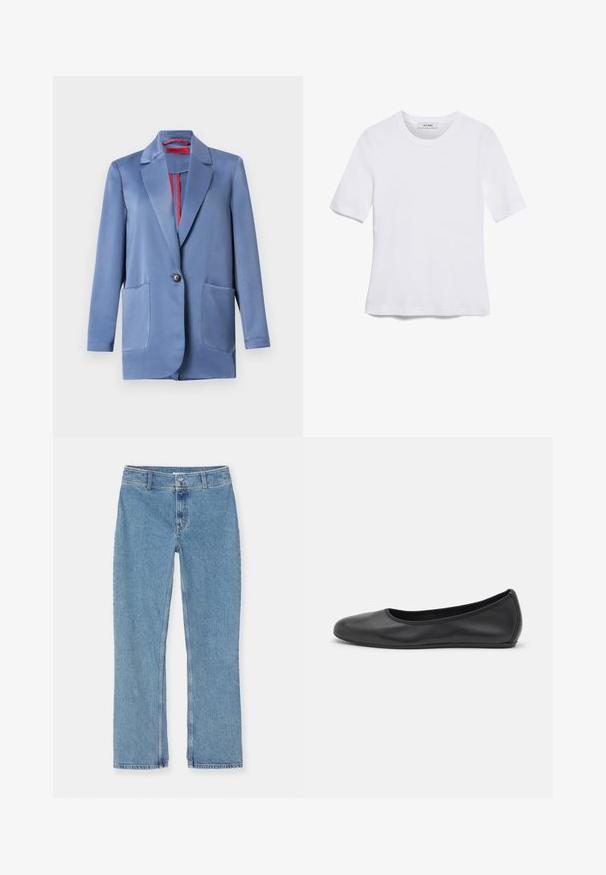 Sininen satiininen bleiseri, jossa on kaksinappinen suljenta, lovetut kaulukset ja kaksi etutaskua. Sisäpuolella on kontrastivärinen punainen vuori.; Valkoinen lyhythihainen t-paita, joka on valmistettu ribbytedusta kankaasta. Pyöreä pääntiie, normaali istuvuus ja hienovaraiset ompeluyksityiskohdat. Ei kuvioita tai grafiikkaa.; Vaaleansinisiä suoria farkkuja nappi- ja vetoketj closures, vyölenkit ja tavallinen ommel valkoista taustaa vasten.; Musta nahkainen ballerina, jossa on pyöristetty kärki, sileä pinta, minimaalinen ommelkoristelu ja joustava pohjamuotoilu.
