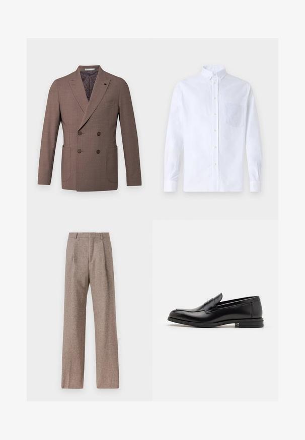 Divrākotā brūnā žakete ar izteiktām lapām, divām priekšējām kabatām un rakstainu oderi. Tajā ir brūni pogas un teksturēta auduma virsma.; Balts garo piedurknēm krekliņš ar pogām, izgatavots no kokvilnas, ar krūšu kabatu ar tonālu izšuvumu, apkakli un pogām pie piedurknēm.; Brūni, augstos šortos izgatavoti no teksturēta auduma. Iezīmē plašas kājas un divas priekšējās krokas, kas nodrošina struktūru. Kārtīga apdare bez redzamām detaļām.; Melnas ādas kurpes ar gludu tekstūru, noapaļu purngalu un dekoratīvu siksniņu pāri priekšpusei. Zems sakrauts papēdis, minimālisma dizains.
