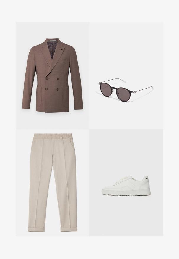 Hnědý dvouřadý blazer s špičatými klopami, dvěma předními kapsami a vzorovanou podšívkou. Obsahuje hnědé knoflíky a texturovanou tkaninu.; Tři bílé žebrované tílka vyrobené z bavlny. Mají kulatý výstřih a malé černé štítky poblíž lemu. Dostupné v několika velikostech.; Filippa K TERRY CROPPED TROUSERS - Kalhoty - sage melange; Bílé kožené tenisky s hladkým povrchem, kulatou špičkou, plochými tkaničkami a texturovanou podrážkou. Na patě se nachází nenápadné logo.; Černé kulaté sluneční brýle s tmavými skly a tenkými kovovými nohami. Obsahují průhledné koncovky nožiček a stříbrné akcenty na pantu. Minimalistický design.