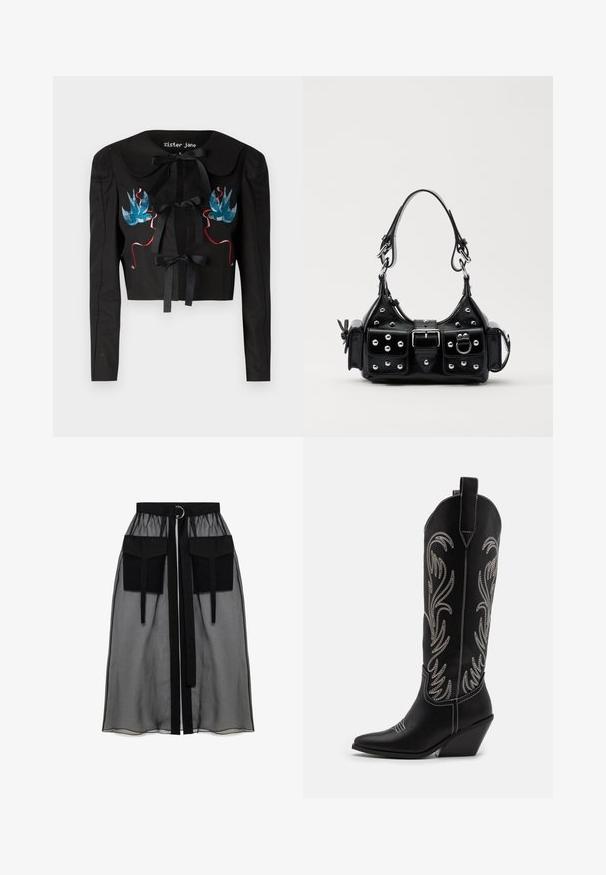 Czarna krótka kurtka z długimi rękawami, z dużym kołnierzem, dwoma kokardkami z przodu oraz niebieskimi i różowymi haftowanymi ptakami na klatce piersiowej.; Czarna bluzka z długim rękawem, wykonana z przezroczystego materiału, z okrągłym dekoltem, zapięciem na guziki z przodu oraz falbAniastymi brzegami rękawów.; Czarna przezroczysta spódnica z marszczeniem w pasie, posiadająca dwie dużej wielkości kieszenie z przodu, pasek w talii oraz okrągły metalowy akcent.; Czarne skórzane kowbojskie buty z wydłużonymi noskami, obcasem typu koturn oraz srebrnymi haftowanymi wzorami kwiatowymi wzdłuż cholewy. Kontrastowe szwy na całej długości.; Czarna skórzana torebka w zakrzywionym kształcie, z srebrnymi ćwiekami, klamrą i dwoma bocznymi kieszeniami. Regulowany pasek umożliwiający różne opcje noszenia.