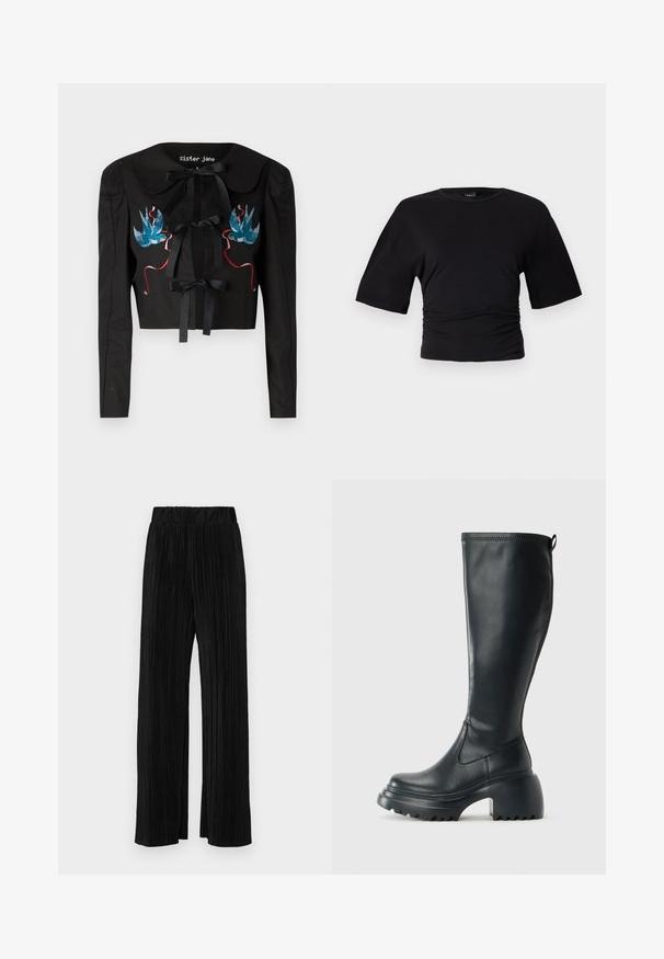 Black cropped jacket with long sleeves, featuring a large collar, two front bows, and blue and pink embroidered birds on the chest.; Gina Tricot SOFT TOUCH RUCHED TEE - Basic T-shirt - black; Black pleated trousers with an elastic waistband. Features wide legs and a smooth, textured fabric with vertical stripes.; Tall black leather boot with chunky platform sole and block heel, featuring pull tab and textured tread on outsole.