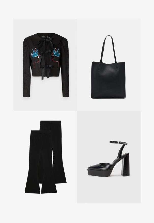 Fekete, rövid fazonú dzseki hosszú ujjal, melynek nagy gallérja van, két elülső masnival és kék valamint rózsaszín hímzett madarakkal a mellrészen.; Fekete pamut póló, rövid ujjal, fehér hosszú ujjú réteg fölött, finom textúrával. Kerek nyakkivágású dizájn.; Fekete harangszárú nadrág, elasztikus anyagból, magas derekú, sima textúrával, formázott kialakítással, amely a térdtől bővül.; Fekete platform magassarkú cipők hegyes orral és állítható bokapánttal. Sima bőrből készült, vastag talppal.; Fekete bőrtáska sima felszínnel, téglalap alakú, két hosszú füllel. Nincs látható fémkiegészítő vagy díszítés.