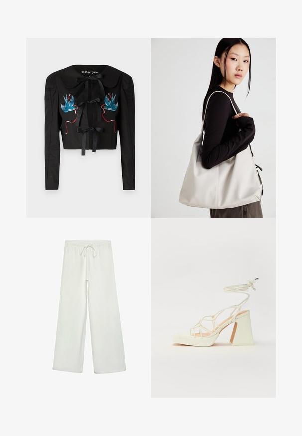 Črna kratka jakna z dolgimi rokavi, ki ima velik ovratnik, dve sprednji mašni in izšite ptice v modrih in roza odtenkih na prsih.; Bela kratka majica s kratkimi rokavi iz bombaža. Ima okroglo izrezovanje in sproščen kroj. Gladka tekstura brez vidnih vzorcev ali poudarkov.; Bele široke hlače iz mehkega blaga. Imajo elastičen pas s vrvico in gladko teksturo. Brez vidnih vzorcev ali kovinskih delov.; Bela sandala na visokih petah s debelim petam, ki ima obliko trakcev in vezanje okoli gležnja. Gladka tekstura z platformo spredaj za dodatno višino.; Bežna torbica iz mehkega materiala, z ohlapno zasnovo, šivi in dvema naramnicama. Primerna za vsakodnevno uporabo.