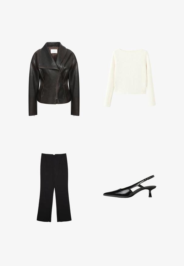 Brun læderjakke med bred krave, diagonal frontlynlås og skræddersyet silhuet. Har en glat tekstur og minimale syninger.; Hvid, langærmet, ribbet striktrøje med let bådformet halsudskæring og lige kant.; Sorte bukser med lige pasform, der har frontlommer og slidser i kanten. Lavet af blødt, glat stof. Velegnet til forskellige anledninger.; Sorte patentlæder slingback hæle med spids tå, udskåret sideskærm og en lille firkantet hæl. Glat tekstur med minimale detaljer.